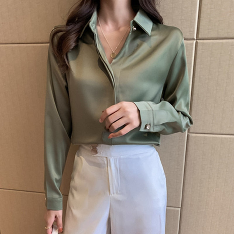 2023 Spring Women's Shirts Satin Blouse for Women Long Sleeve Shirt Silk White Shirt OL Woman Solid Blouses Pullover Ladies Tops