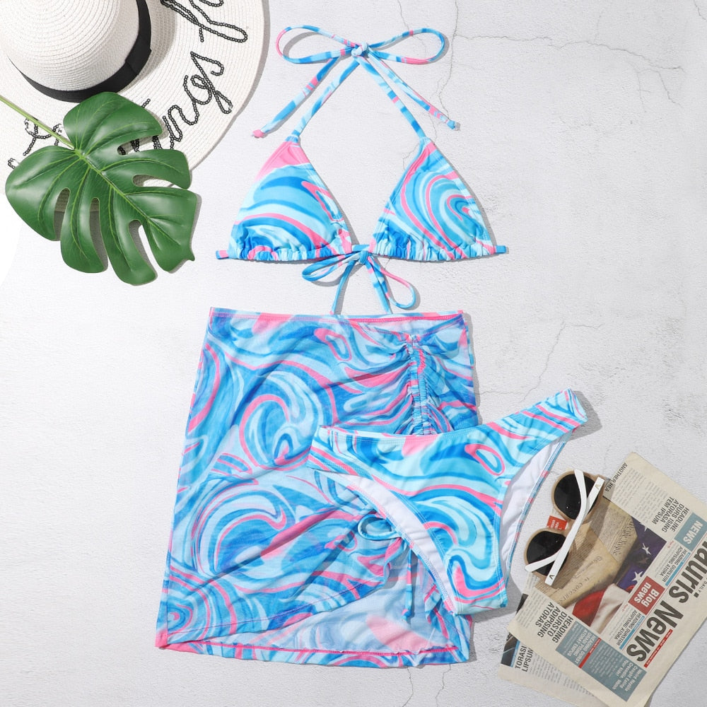 3 Pieces Bikini Set With Skirt  Tie Dye String Thong Bathing Suit Women Swimsuit Female  Swimwear Beach Wear Swim Lady Summer