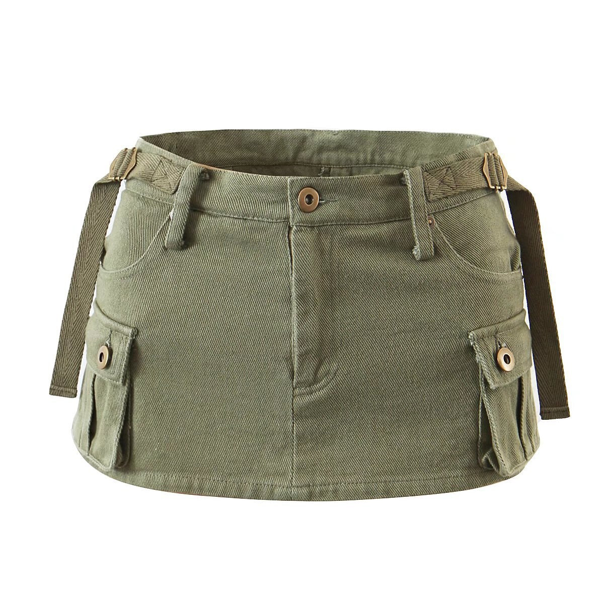 DEEPTOWN Denim Cargo Mini Skirt Women Korean Style Low Waist Slim Sexy Vintage Streetwear Green Pencil Skirt Y2k Girl Summer