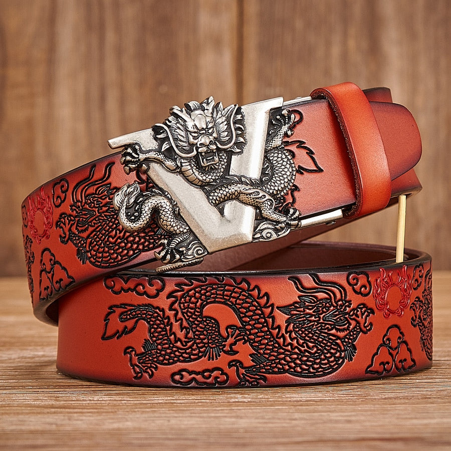 New Male China Dragon Belt Cowskin Genuine Leather Belt for Men Carving Dragon Pattern Automatic Buckle Belt Strap For Jeans