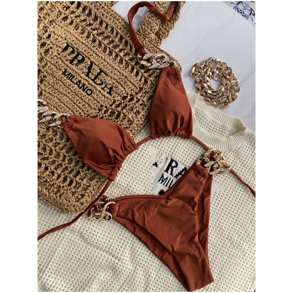 Soft Comfortable Fabric Bikini Set With Plastic Chain Summer S-XL Entry Luxury Swimsuit Women's Two Piece Bathing Suit Beachwear