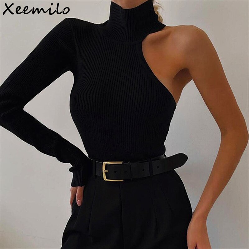 Xeemilo Sexy Single Shoulder Bodysuit Elegant Women Black Knit Long Sleeve Skinny Tops Summer Fashion High Streetwear Bodysuits