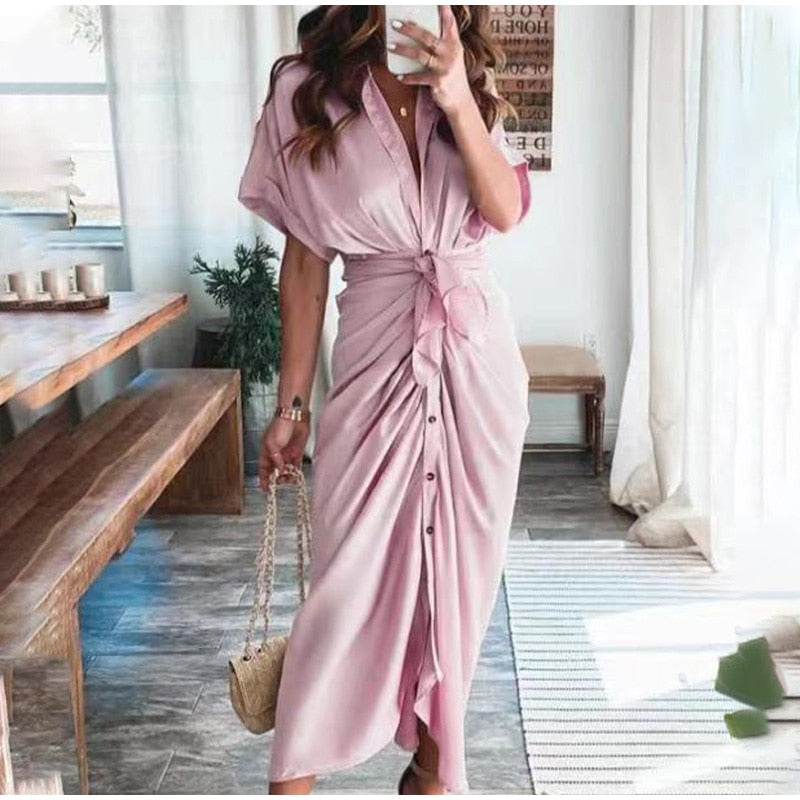 Women Elegant Shirt Dress Summer Fashion Printed Button Ruched Bandage Long Dresses Female Solid V Neck Beach Dress Casual Robe