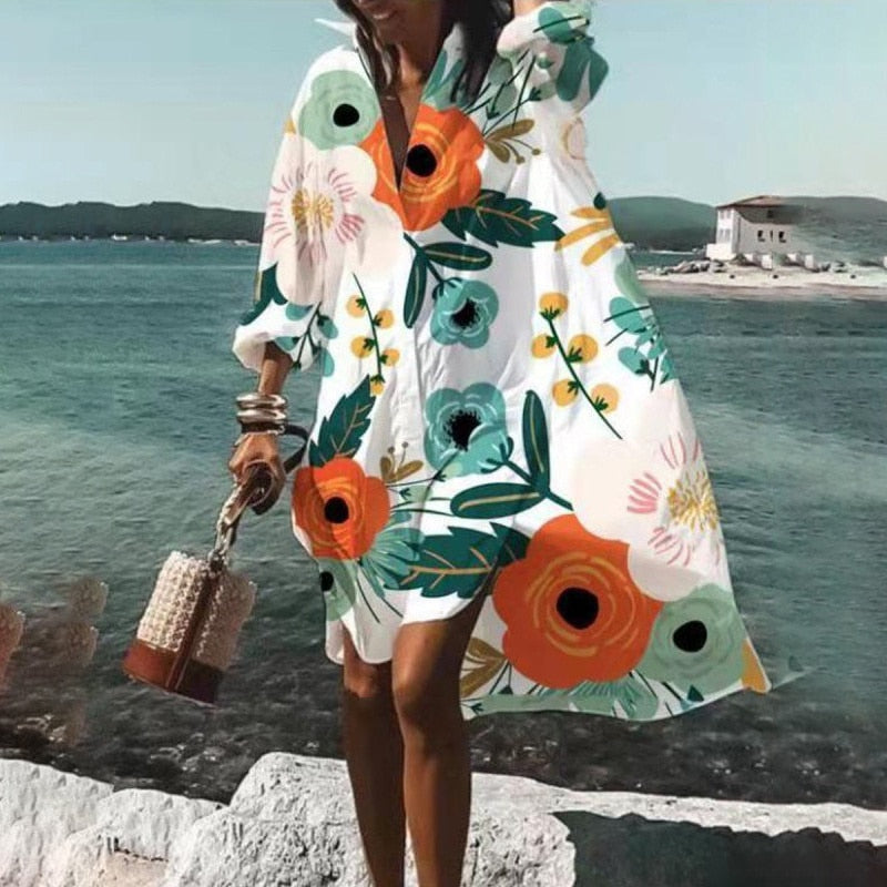 Fashion Women&#39;s Shirts Dress Spring Summer New Casual Printed Lapel Buttons Irregular Dress Beach Long Sleeve Sexy Party Dresses