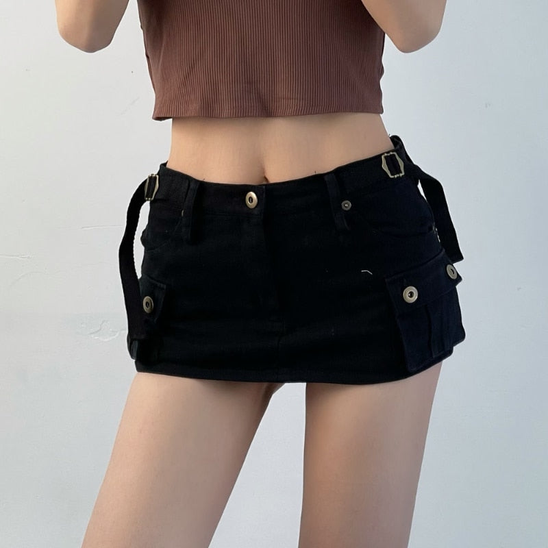 DEEPTOWN Denim Cargo Mini Skirt Women Korean Style Low Waist Slim Sexy Vintage Streetwear Green Pencil Skirt Y2k Girl Summer