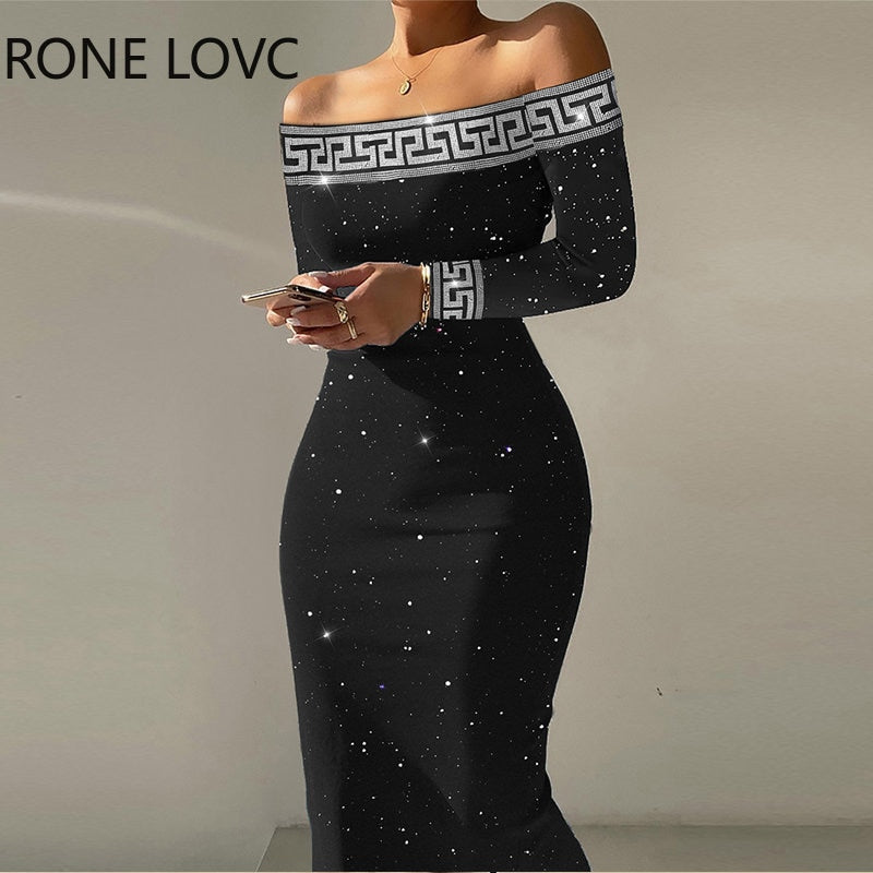 Women Elegant Glitter Geo Print Slash Neck Bodycon Long Sleeves Midi Black Dresses