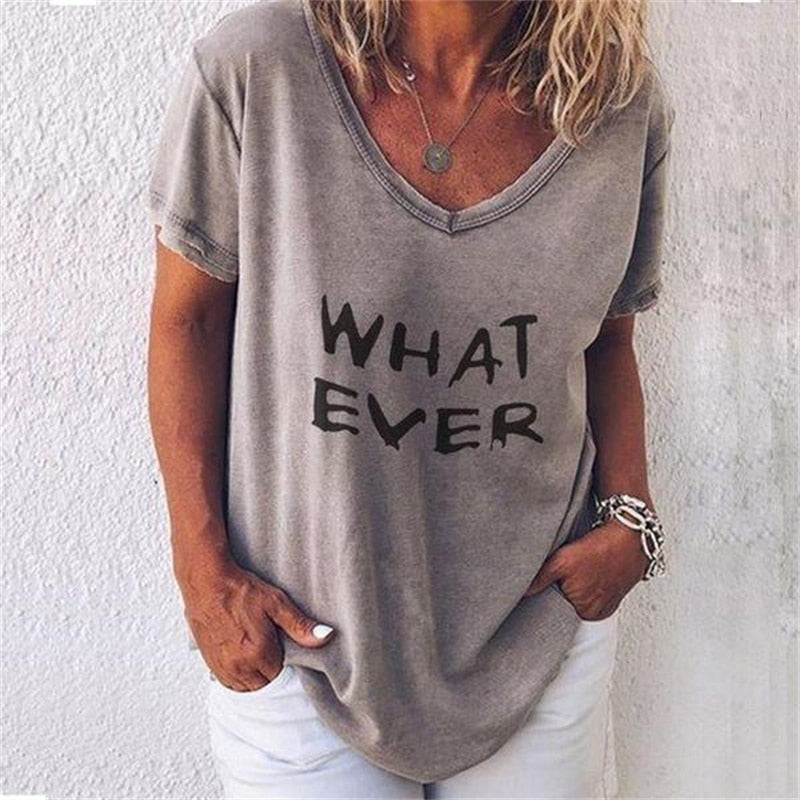 Summer Women T Shirt Letter Print Solid Clothing V Neck Short Sleeve Basic Tops Streetwear Tees Fashion Oversized Girls T-shirts