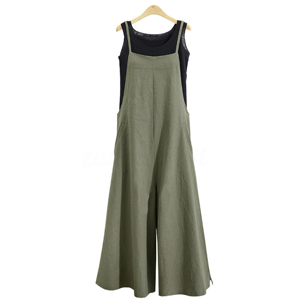 Casual Woman Jumpsuits 2023 Summer Solid Cotton Linen Straps Wide Leg Pants Comfort Pockets Sleeveless Bib Overalls Long Rompers