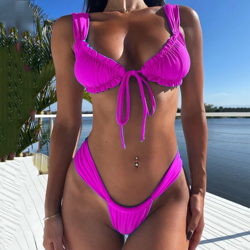 BEACHCICI Women Swimsuit Sexy Bikini Two Piece Lace Up Pleated High Waist Soid Holida Bathing Suit Beachwear For Female