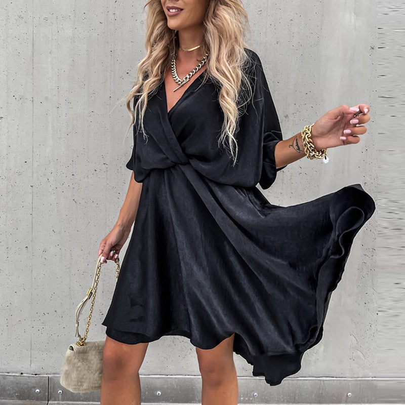 Sexy V Neck Dresses For Women Elegant Short Sleeve Solid A-line Loose Mini Dress Women Casual Beach Party Dress Boho 2022