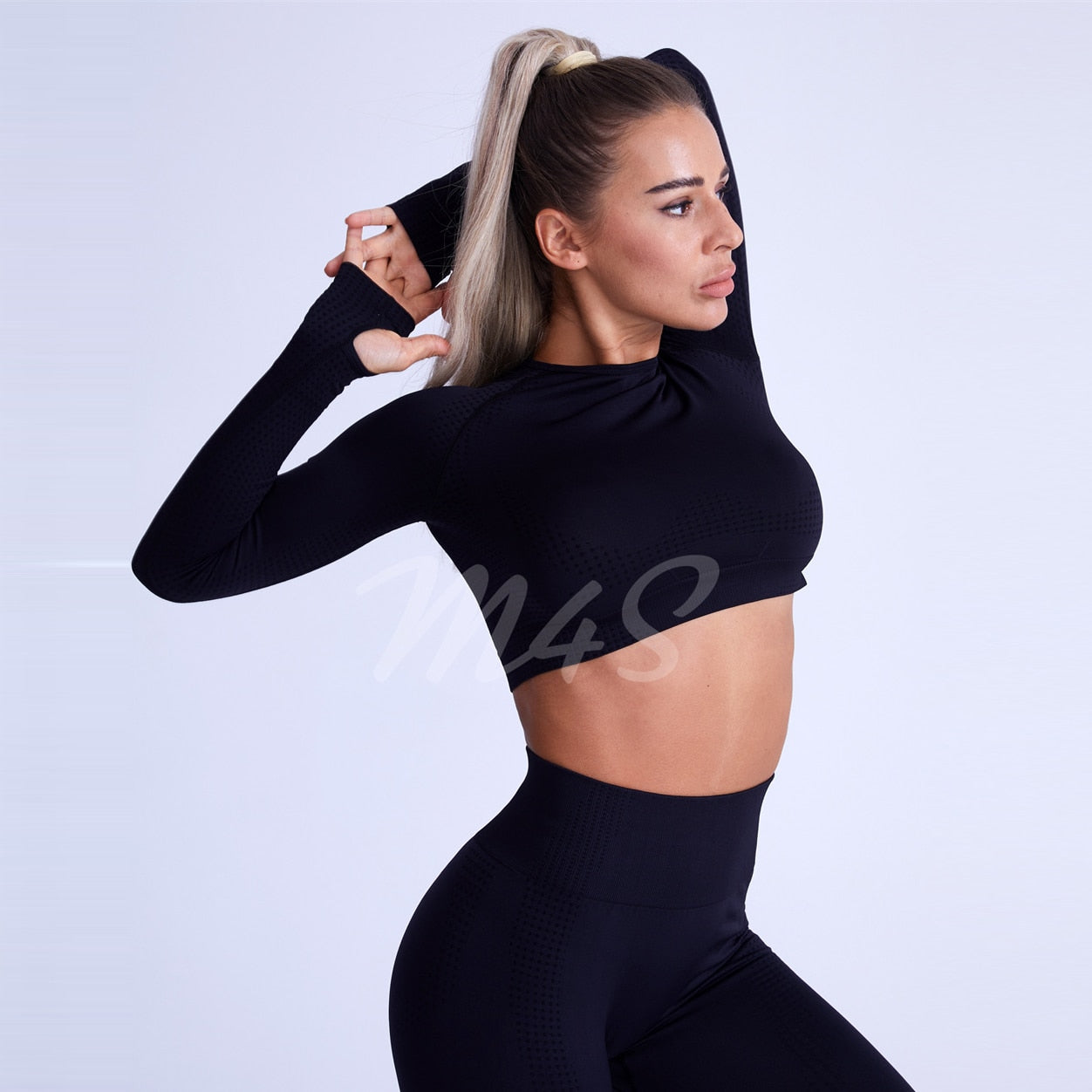 Ensemble Female 2 Pieces Yoga Set Women Seamless Thumb Hole Gym Workout Fitness Clothes Sportswear Long Sleeve Crop Top Leggings