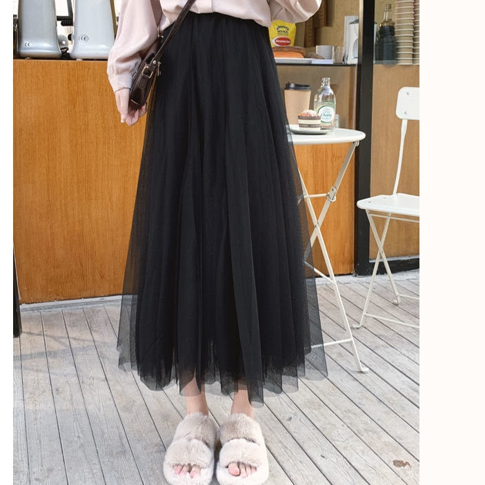 3 layers Midi Summer Tulle Skirt Women 2023 Ladies Casual White Black High Waist Pleated Sun School Long Skirt Female