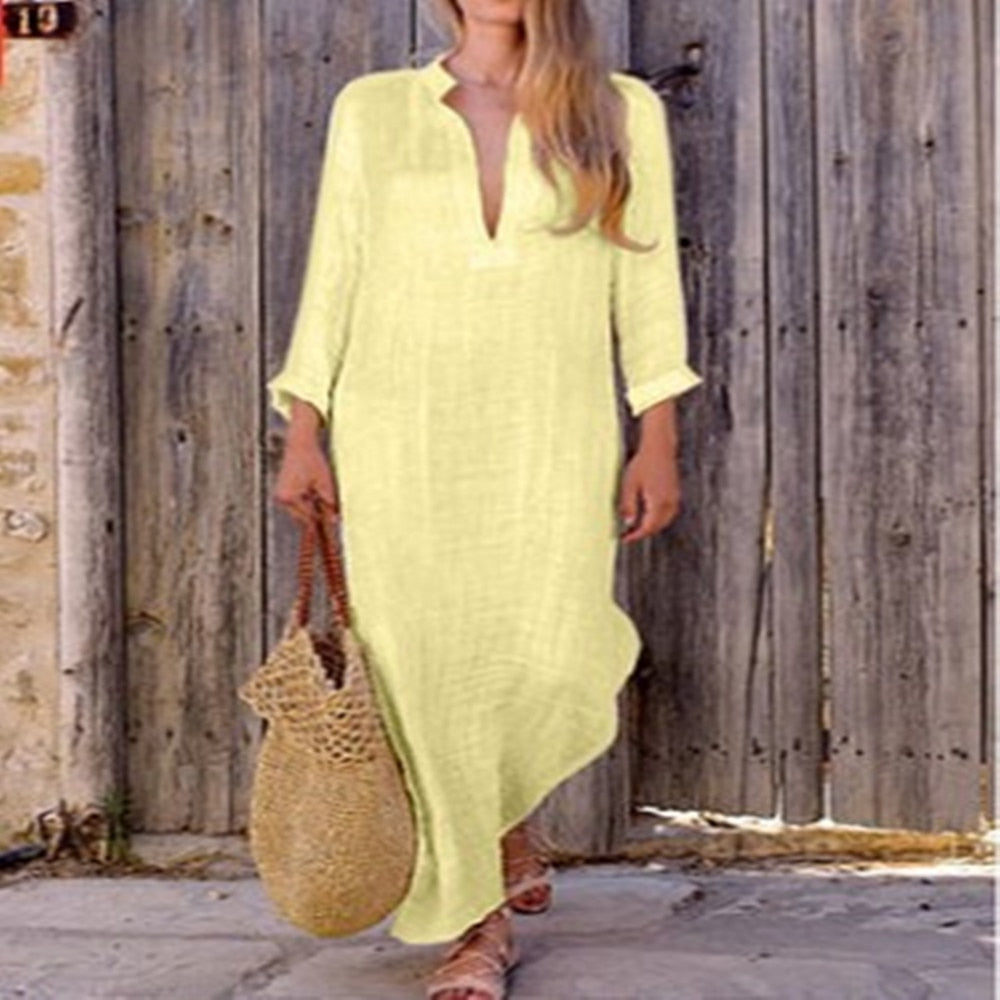 2023 Autumn Women's Long Dress Cotton Linen V-neck Loose Casual Fashion Dresses Female Summer Elegant Beach Ladies Clothes