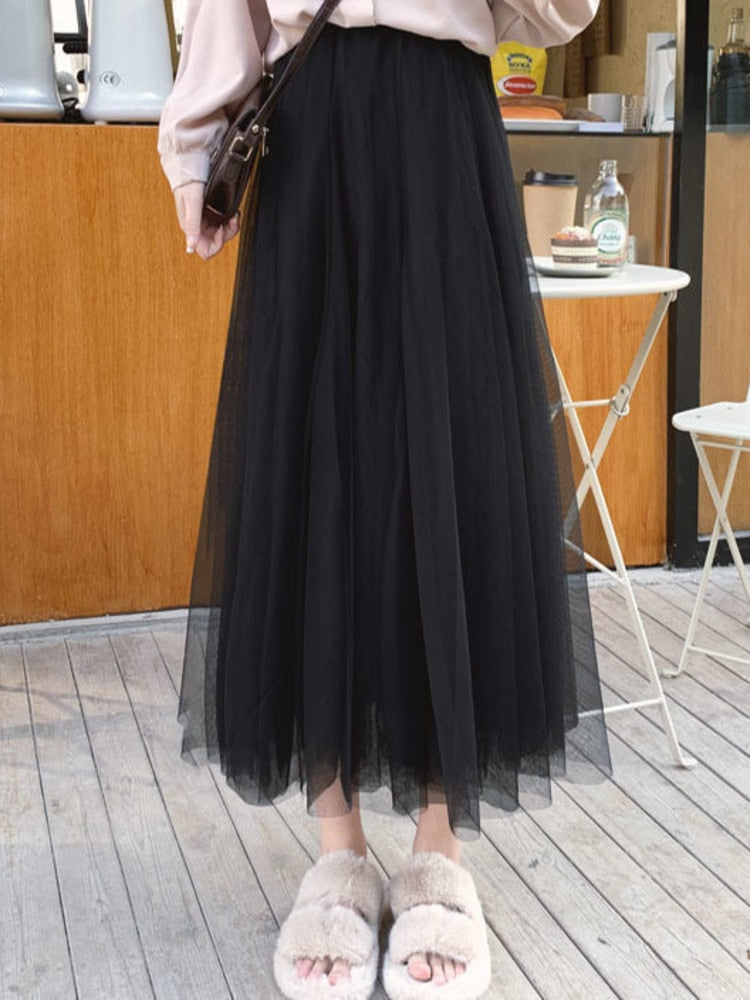 3 layers Midi Summer Tulle Skirt Women 2023 Ladies Casual White Black High Waist Pleated Sun School Long Skirt Female