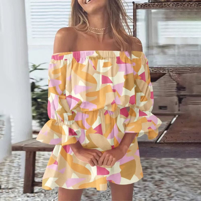 Women Floral Print Mini Dresses 2023 Summer Sexy Off Shoulder Flare Sleeve Tunic Dress Female Casual Boho Beach Dress Vestidos