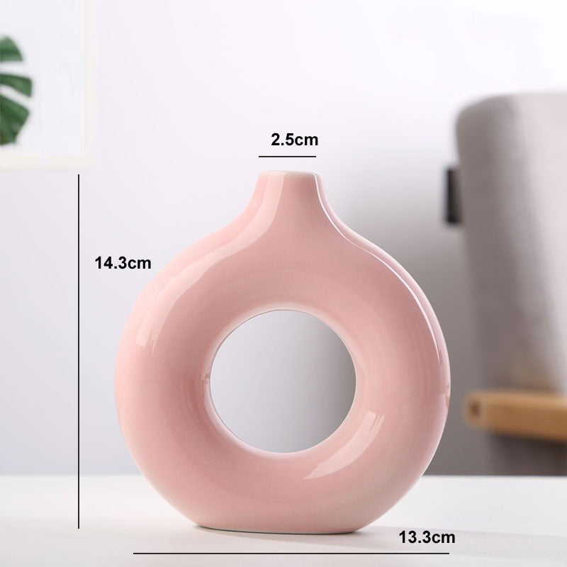 Nordic Vase Circular Hollow Ceramic Donuts Flower Pot Home Living Room Decoration Accessories Interior Office Desktop Decor Gift