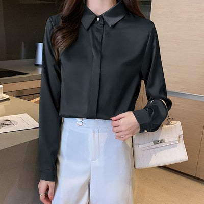 2023 Spring Women's Shirts Satin Blouse for Women Long Sleeve Shirt Silk White Shirt OL Woman Solid Blouses Pullover Ladies Tops