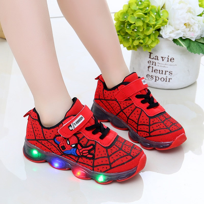 Marvel Spiderman LED Shoes Kids Glowing Sneakers Breathable Mesh Sports Soft Light Up Shoes Baby Girls Boys Children Toys Gift