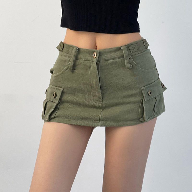 DEEPTOWN Denim Cargo Mini Skirt Women Korean Style Low Waist Slim Sexy Vintage Streetwear Green Pencil Skirt Y2k Girl Summer