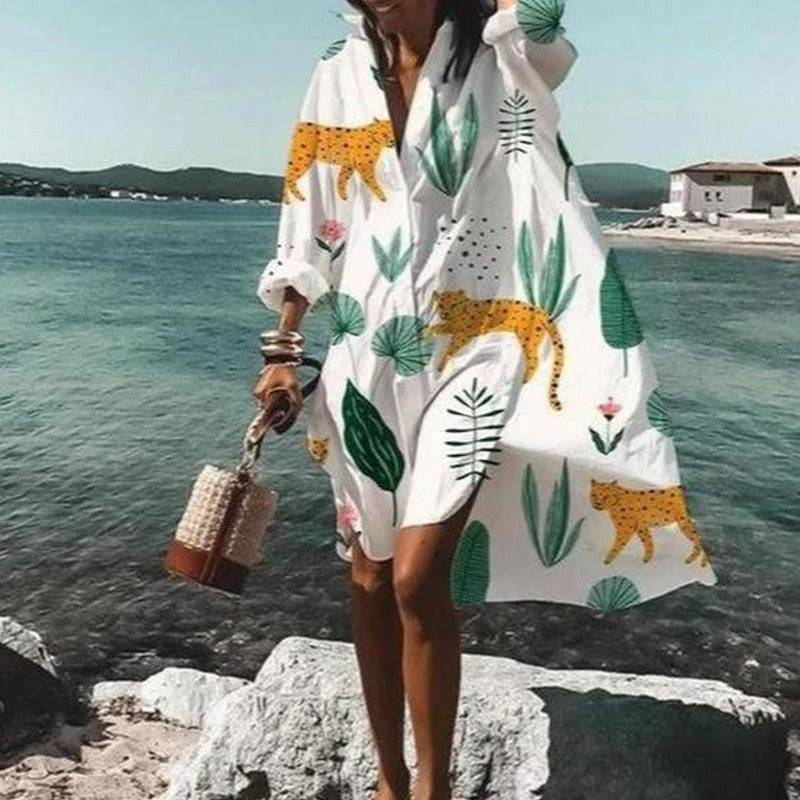 Fashion Women&#39;s Shirts Dress Spring Summer New Casual Printed Lapel Buttons Irregular Dress Beach Long Sleeve Sexy Party Dresses