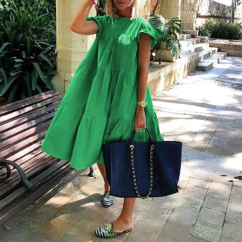 2023 New Summer Bohemian Dress Women Solid Color Short Sleeve Ruffled Midi Dresses Female Casual Holiay Beach Party Robe Dress