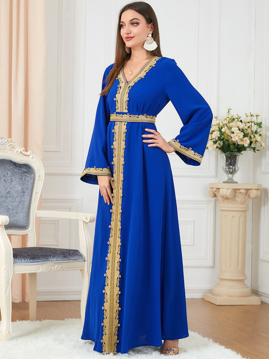 Dresses For Muslim Women Lace Embroidery V-Neck Long Sleeve Party Maxi Dress With Belt Elegant Moroccan Kaftan Turkey Wears