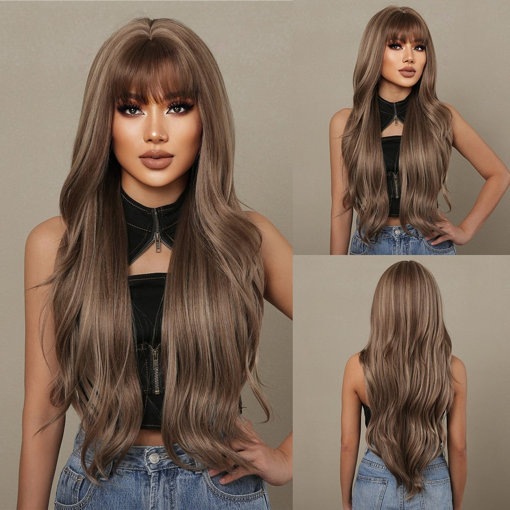 HAIRCUBE Brown Mixed Blonde Synthetic Wigs with Bang Long Natural Wavy Hair Wig for Women Daily Cosplay Use Heat Resistant