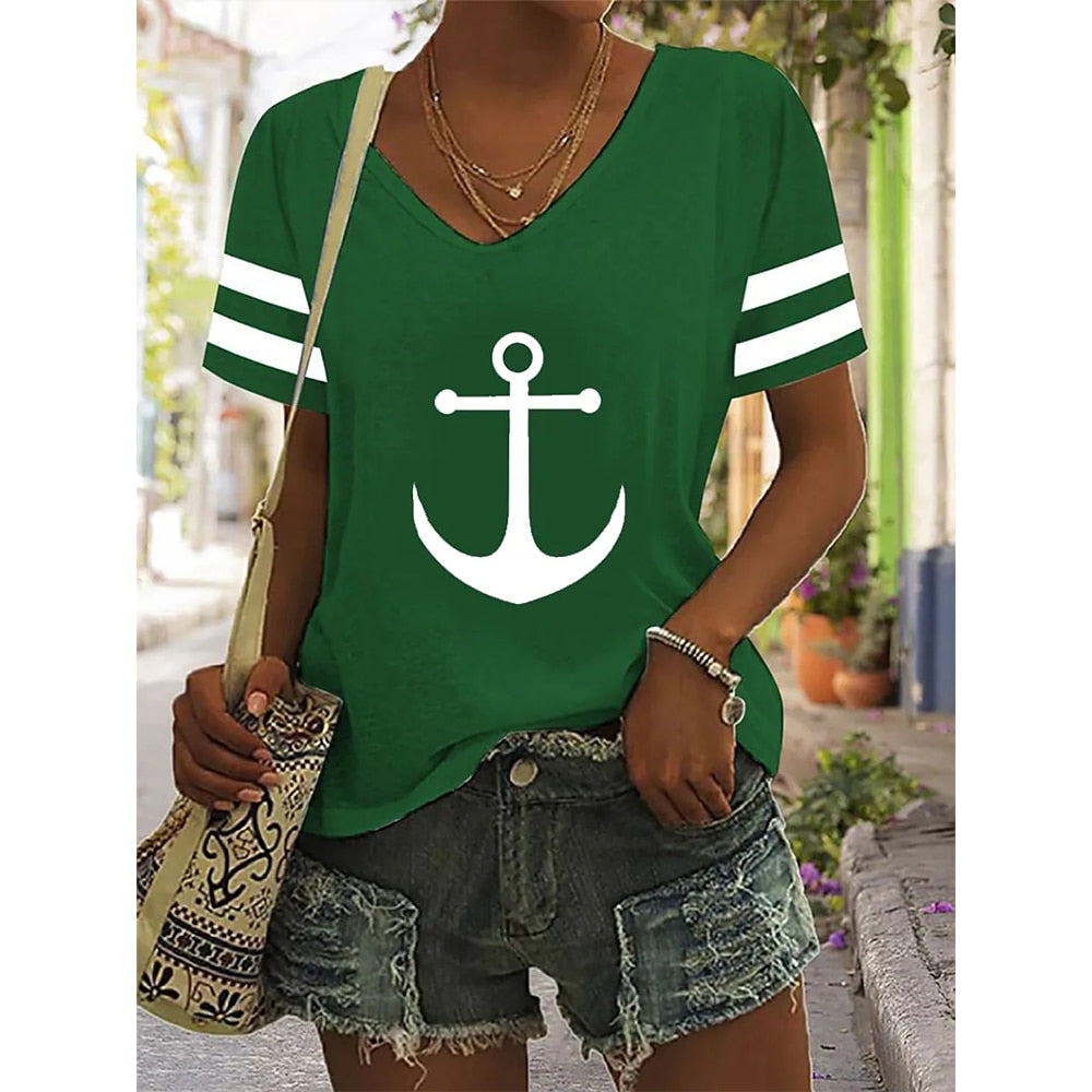 Summer Shirts Women T Shirt Short Sleeve Tops Anchor Graphic Clothing Everyday Streetwear V-Neck Pullovers For Women's Tees 2023