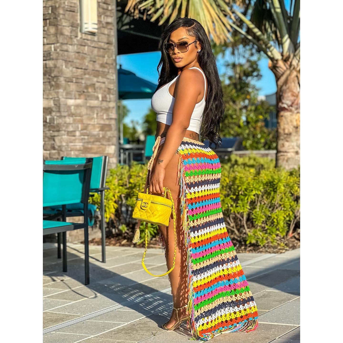 Womens Crochet Beach Cover Up Skirts Sexy High Side Slit Tassel Hem Rainbow Striped Long Maxi Skirt 2023 Summer Vecation Dress