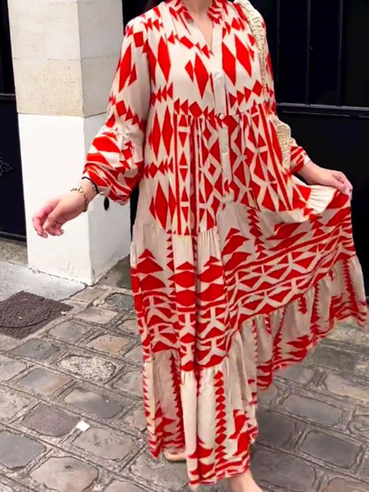 Retro Print Shirt Dress Women Button Up Long Blouse Dress Ladies Oversize Loose Dress Female Fashion V Neck Long Sleeve Dress