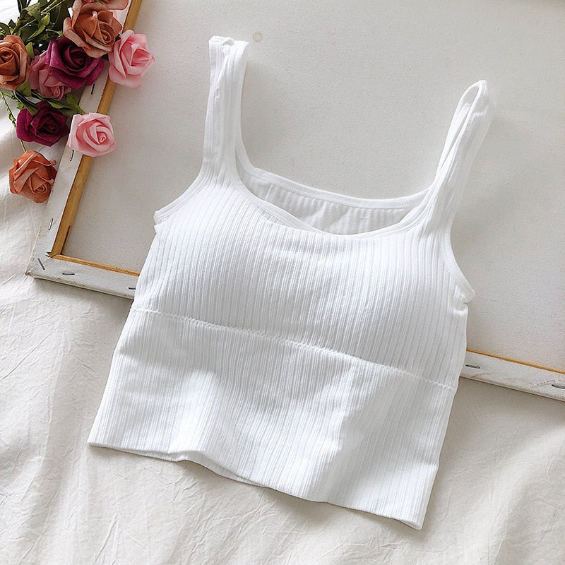 Seamless Crop Top Women Underwear Wire-Free U-Shaped Camisole Wide Straps Striped Solid Bralette Lingerie One-Piece Tube Tops