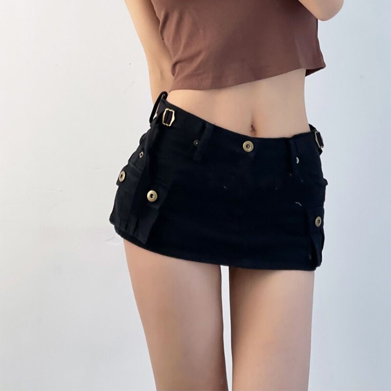 DEEPTOWN Denim Cargo Mini Skirt Women Korean Style Low Waist Slim Sexy Vintage Streetwear Green Pencil Skirt Y2k Girl Summer