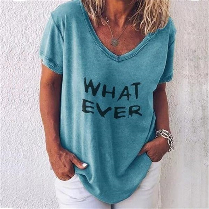 Summer Women T Shirt Letter Print Solid Clothing V Neck Short Sleeve Basic Tops Streetwear Tees Fashion Oversized Girls T-shirts