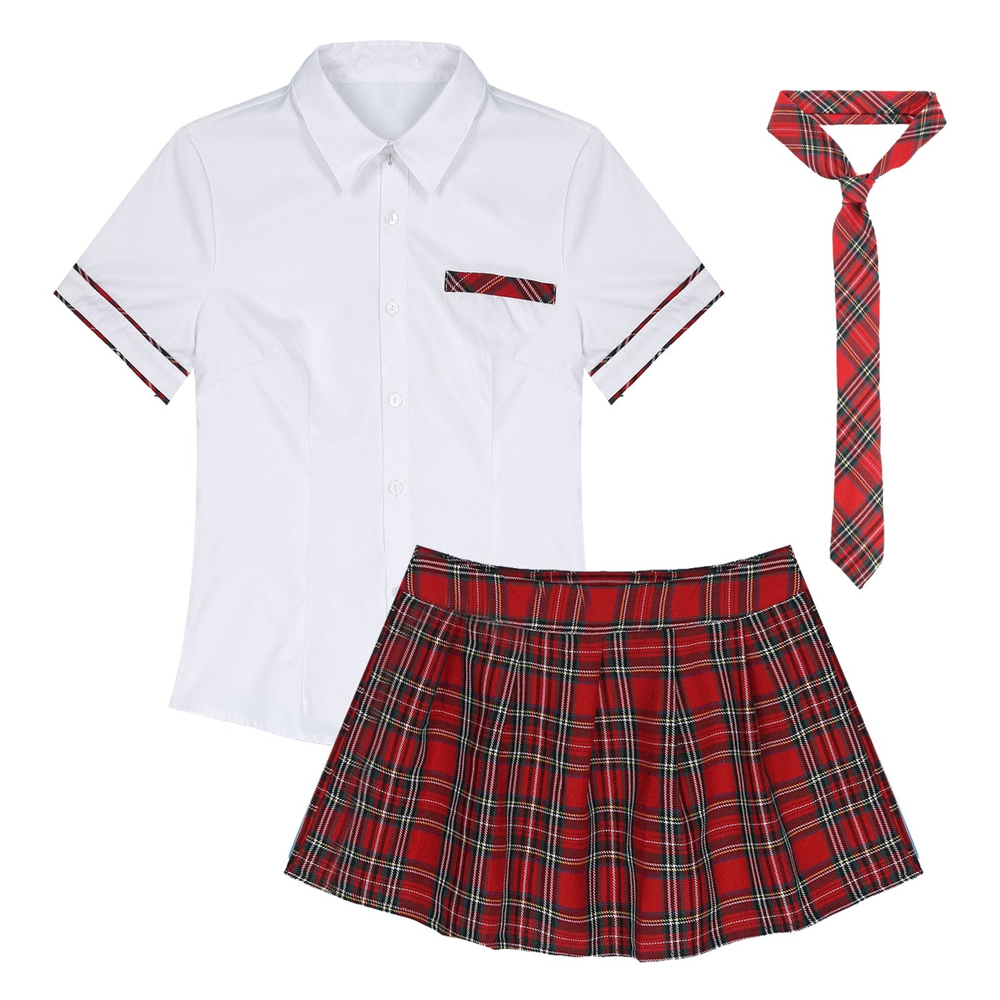 Women Schoolgirls Role Play Costume Fancy Dress Ball Outfit Zipper Plaid Pleated Mini Skirt + Necktie Set Sexy Cosplay Uniform