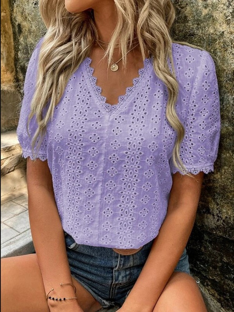 2022 Summer New Office Lady Elegant Fashion Lace Spliced Hollow Solid Shirt V-neck Puff Sleeve Leisure Pullover Blouse Femme