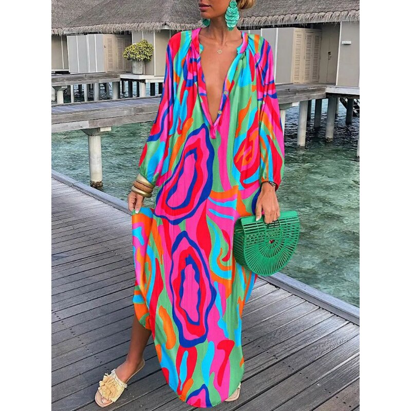 Women Sexy Deep V-Neck Maxi Dresses Bohemian Lantern Sleeve Printed Long Dress Female Vintage Holiday Loose Beach Cover Up Robe