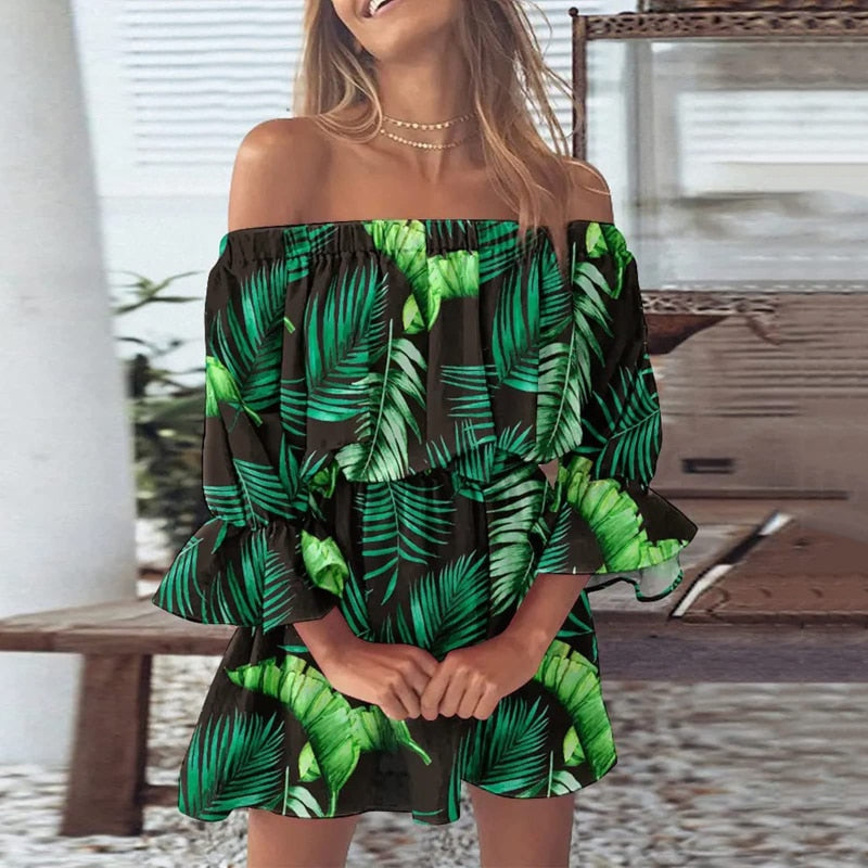 Women Floral Print Mini Dresses 2023 Summer Sexy Off Shoulder Flare Sleeve Tunic Dress Female Casual Boho Beach Dress Vestidos