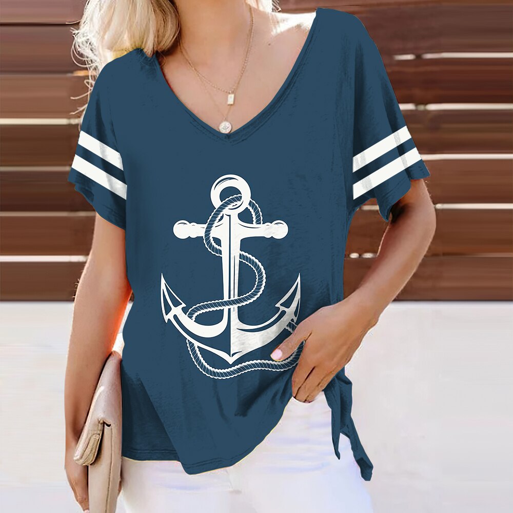 Summer Shirts Women T Shirt Short Sleeve Tops Anchor Graphic Clothing Everyday Streetwear V-Neck Pullovers For Women's Tees 2023