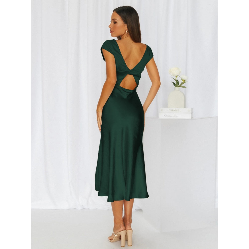 Sexy Fashion Backless Open Sleeveless Dress 2023 Solid Color Summer Long Women's Senior Sense of Elegance Party Evening Dress