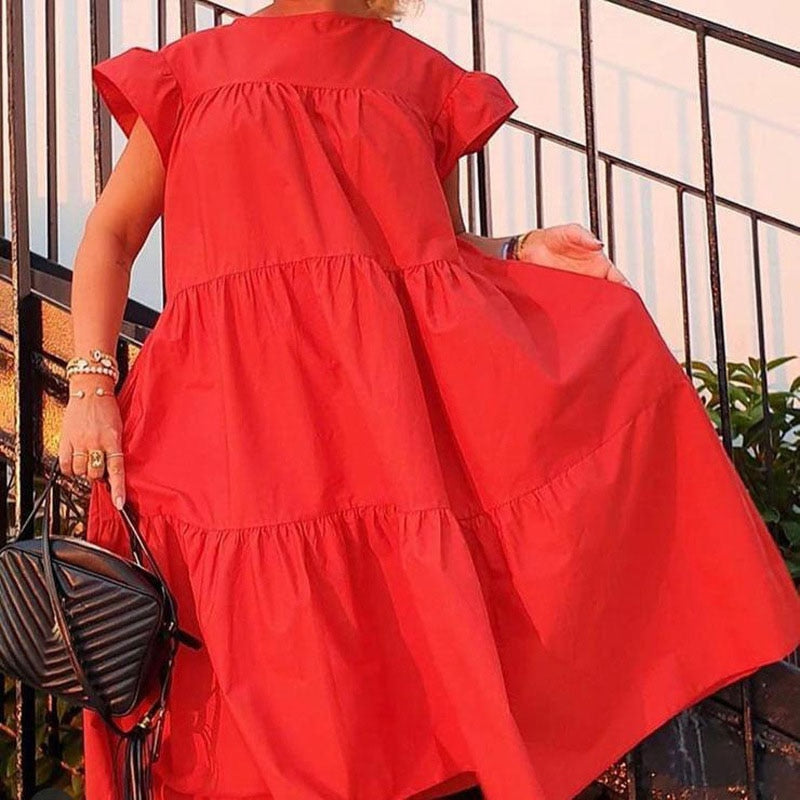 2023 New Summer Bohemian Dress Women Solid Color Short Sleeve Ruffled Midi Dresses Female Casual Holiay Beach Party Robe Dress