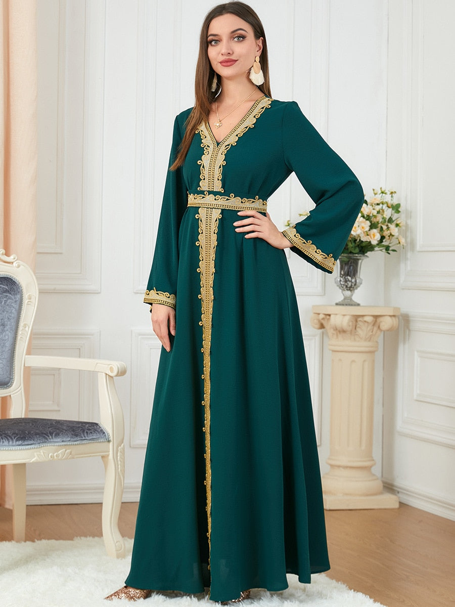 Dresses For Muslim Women Lace Embroidery V-Neck Long Sleeve Party Maxi Dress With Belt Elegant Moroccan Kaftan Turkey Wears