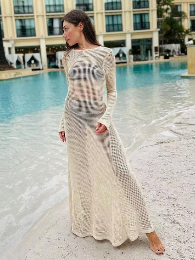 Summer Knitted Maxi Dress for Women Hollow Out See Through Long Sleeve Slim Elegant Sexy Dresses Club Party Beach Dress Casual