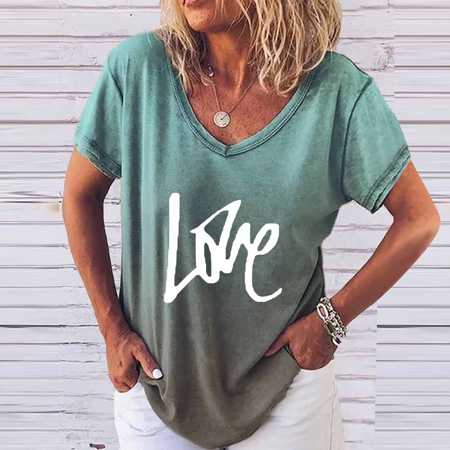 Summer Women T Shirt Letter Print Solid Clothing V Neck Short Sleeve Basic Tops Streetwear Tees Fashion Oversized Girls T-shirts