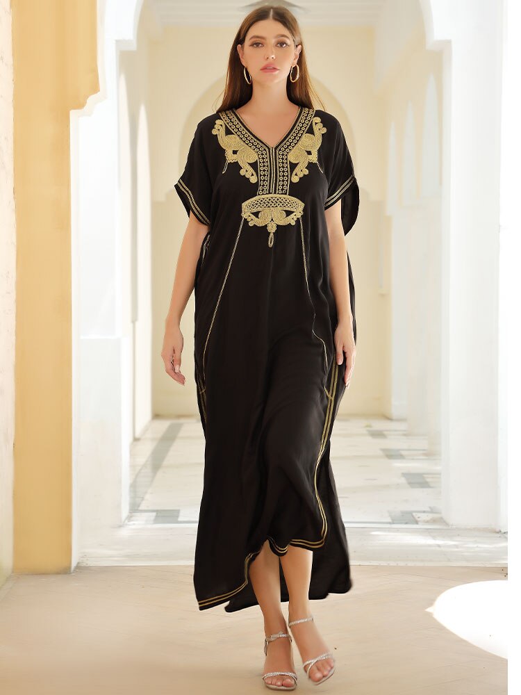 2023 Sexy Cold Shoulder V Neck Bats Sleeve Loose Summer Beach Dress Plus Size Women Beachwear Kaftan Black Dresses Q943