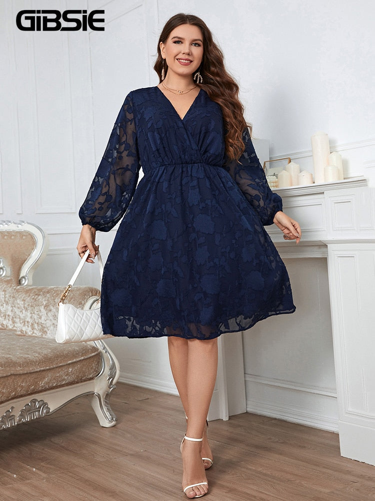 GIBSIE Plus Size Surplice Neck Sheer Mesh Lantern Sleeve Dress Women Spring Summer Elegant Elastic Ladies Midi A-Line Dresses