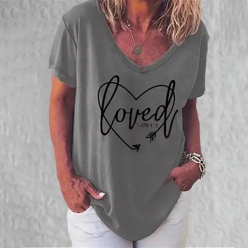 Summer Women T Shirt Letter Print Solid Clothing V Neck Short Sleeve Basic Tops Streetwear Tees Fashion Oversized Girls T-shirts