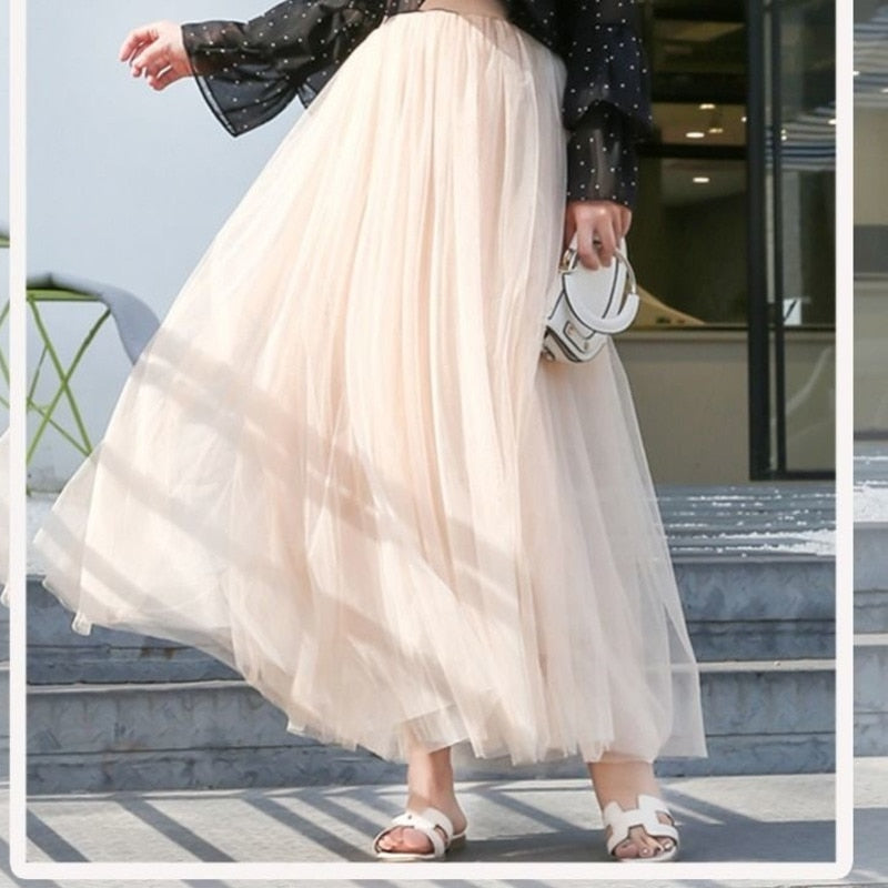 3 layers Midi Summer Tulle Skirt Women 2023 Ladies Casual White Black High Waist Pleated Sun School Long Skirt Female