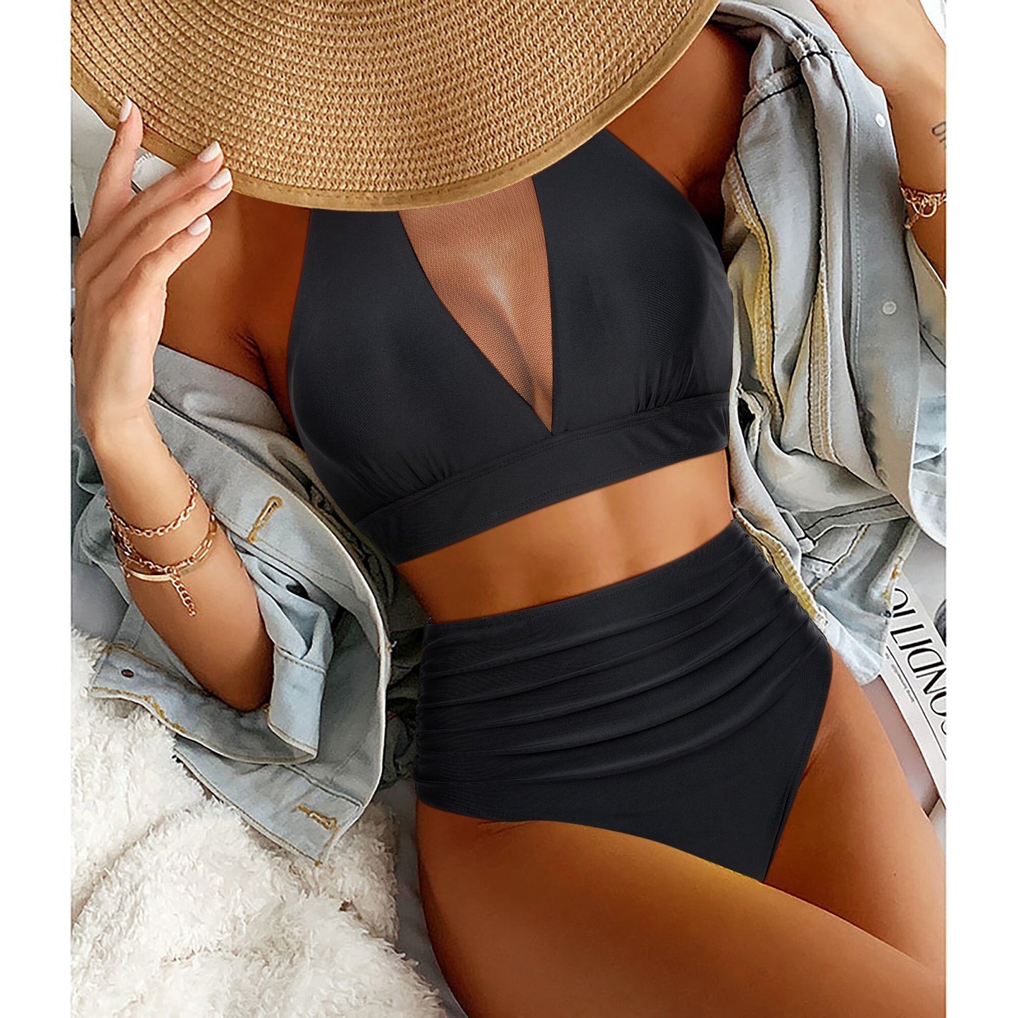 High Waist Bikini 2023 Swimsuit Women Beachwear Black Mesh Sexy Biquinis High Neck Bikinis Two Piece Bathing Suit Swimwear Women