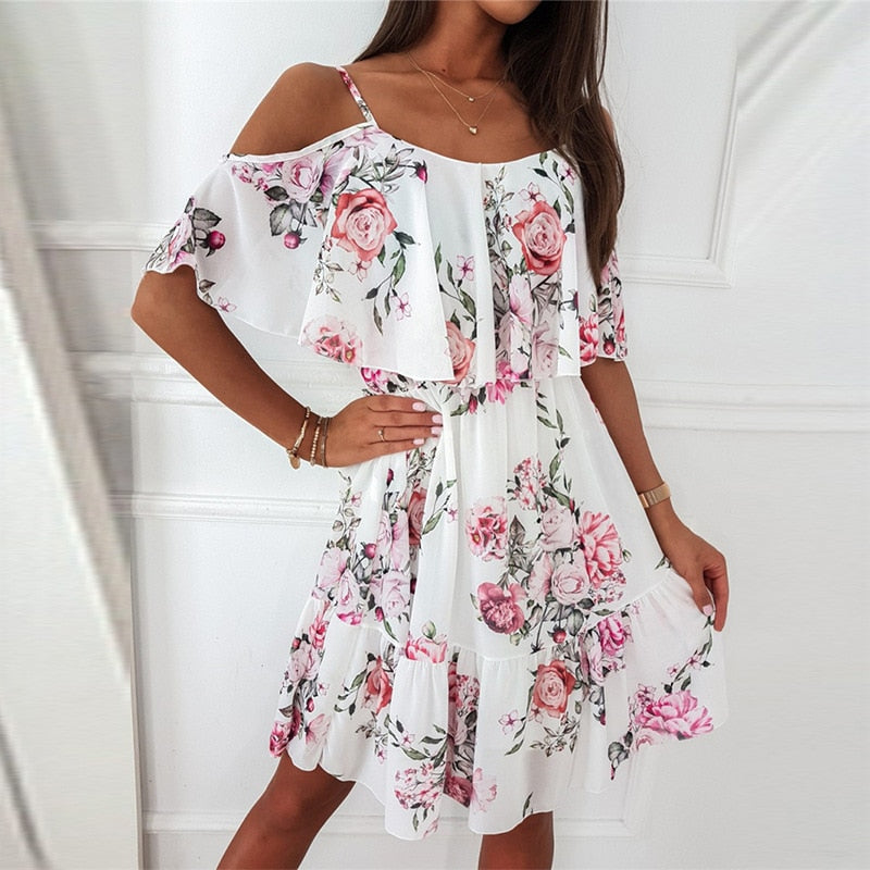 Women Floral Print Mini Dresses 2023 Summer Sexy Off Shoulder Flare Sleeve Tunic Dress Female Casual Boho Beach Dress Vestidos