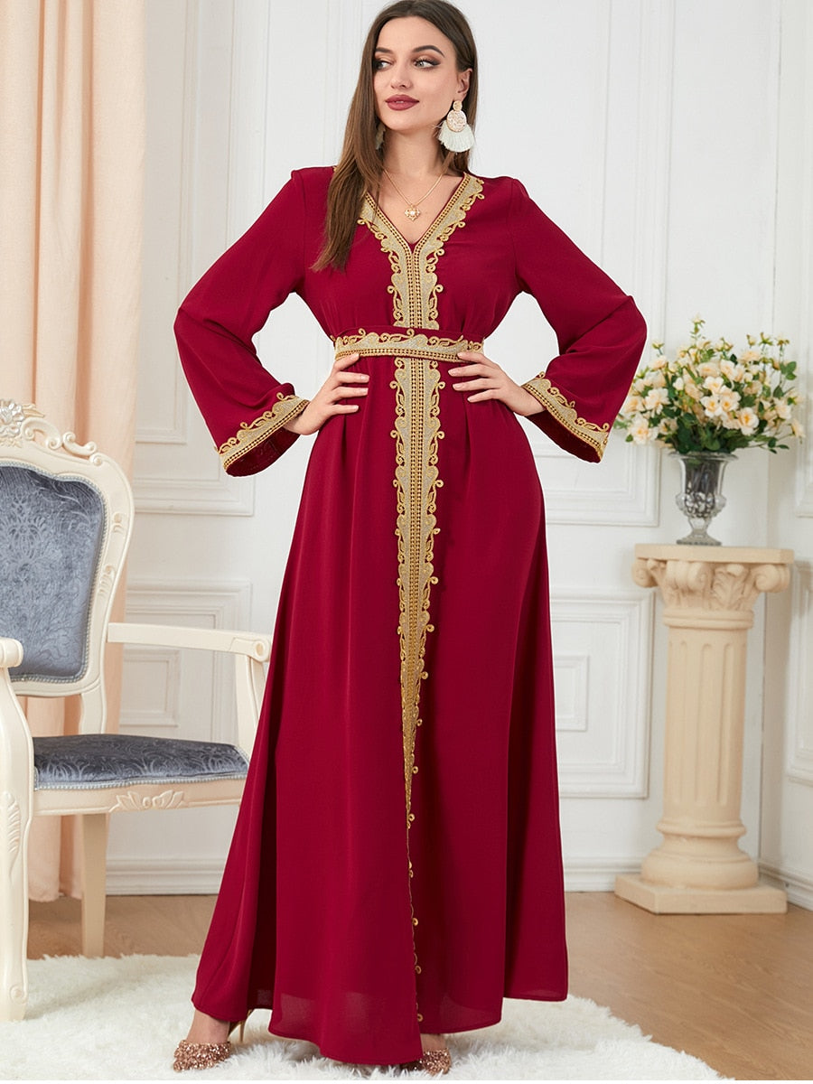 Dresses For Muslim Women Lace Embroidery V-Neck Long Sleeve Party Maxi Dress With Belt Elegant Moroccan Kaftan Turkey Wears